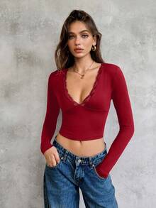 SHEIN Unity 女式性感纯色蕾丝拼布修身短款上衣 T 恤，秋季 - 酒紅色 - 查看 3