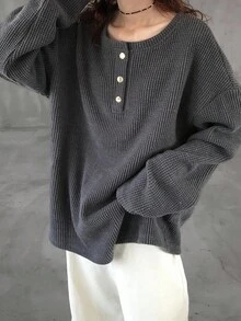 FRIFUL Kaos Wanita Polos Warna dengan Kancing Setengah Plaket, Bahu Jatuh, Lengan Panjang, Kasual, Longgar, Musim Gugur - Grey - View 2