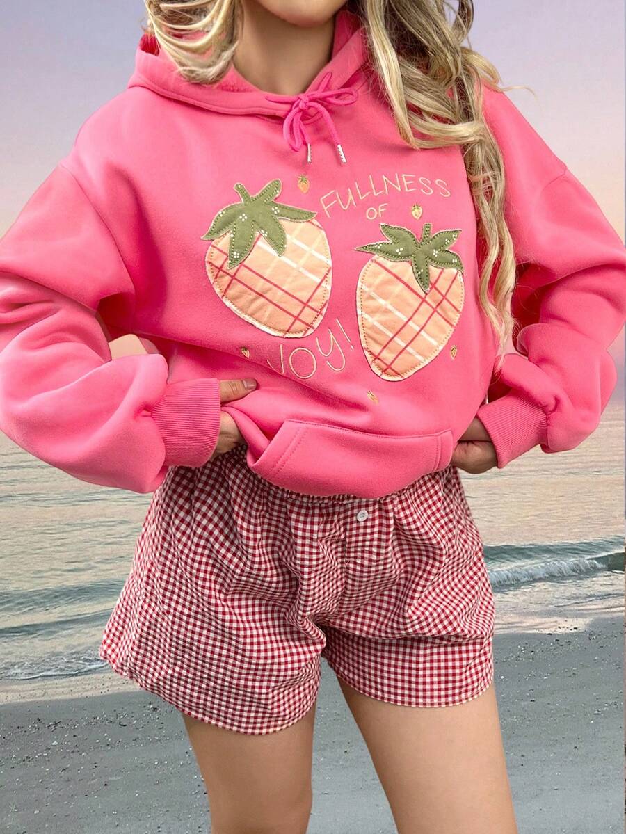 INAWLY 重返校园草莓刺绣女士休闲浪漫卫衣 - 粉色 - 查看 1