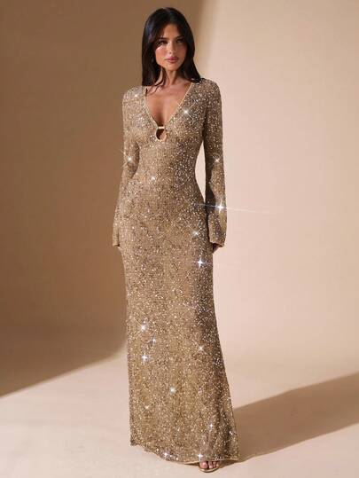 SHEIN BAE Höst/vinter Enfärgad Sexig Djup V-ringad Långärmad Paljettklänning, Elegant Sjöjungfru Formell Klänning För Fest, Formella Tillfällen