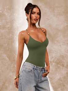 SHEIN BAE Brown Beaded Spaghetti Strap Bodysuit For Women, Summer Tight Sexy Retro Camisole Bodysuit, Beach Vacation Camisole, Beaded Camisole