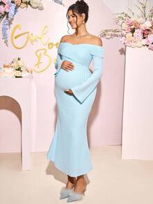 Loomaby 孕妇优雅派对纯色露肩喇叭袖连衣裙 - 藍色 - 查看 4