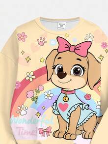 SHEIN 复古可爱小狗印花，彩虹蝴蝶结花卉秋季氛围运动服，年轻女孩休闲圆领长袖运动衫和紧身裤两件套，适合秋冬季 - 彩色 - 查看 4