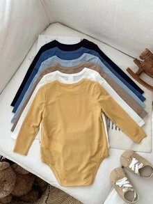 LMoss Kids LMoss 6件套男婴纯色针织休闲连体衣套装，自然色系婴儿服装，中性色婴儿服装，罗纹连体衣，婴儿长袖连体衣，冬季服装，秋季服装，婴儿秋装，套头衫 - 彩色 - 查看 6