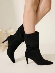 CUCCOO CHICEST Giày bốt cao đến giữa bắp chân bằng nhung giả da lộn màu đen cổ điển thoải mái, kiểu dáng mới thu/đông, xếp ly, mũi nhọn, thanh lịch, dễ phối đồ, phù hợp cho các buổi hẹn hò, công sở, Halloween, Giáng sinh, Lễ tạ ơn, đa năng - màu đen - Xem 6