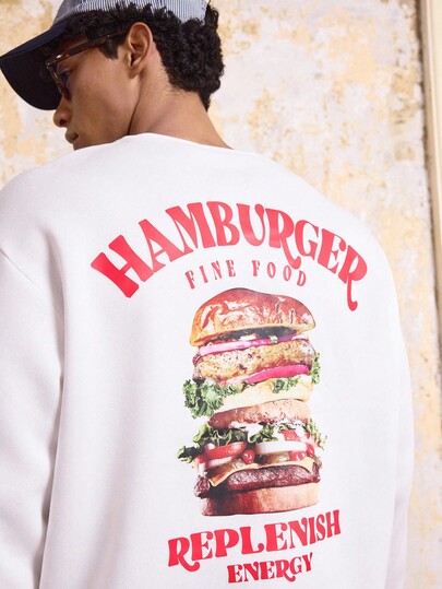 SWAVVY Men's Patterned Sweatshirt Hamburger Print Round Neck Loose Long Sleeve Sweatshirt, Fall, Winter