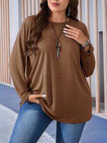 EMERY ROSE Plus Size Round Neck Long Sleeve Casual Loose Soft Appealing Winter T-Shirt,Fall Clothes - Brown - View 1