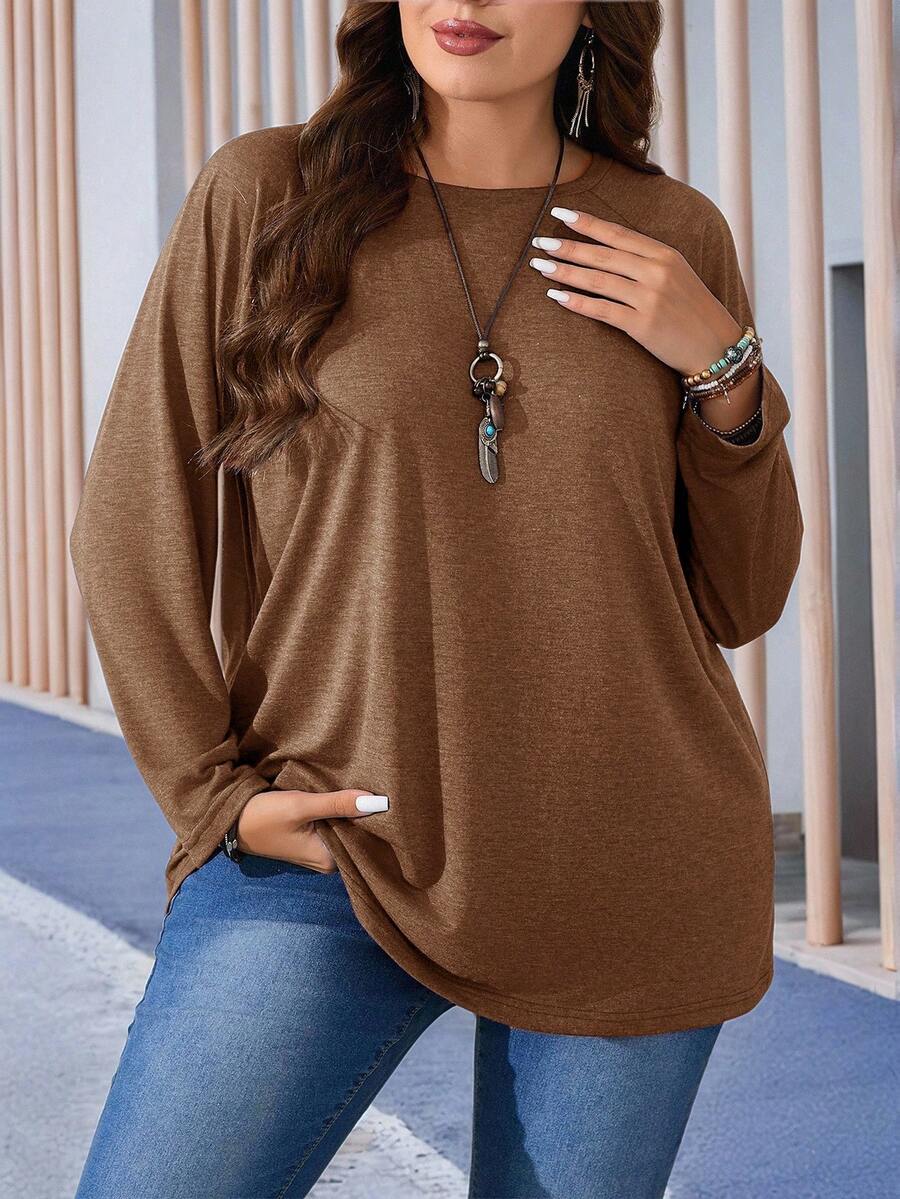 EMERY ROSE Plus Size Round Neck Long Sleeve Casual Loose Soft Appealing Winter T-Shirt,Fall Clothes - Brown - View 1