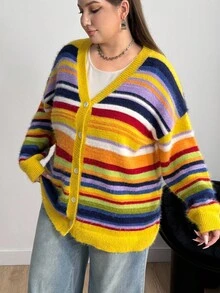 Enliva 大码女式长袖开衫，彩色条纹针织毛衣，秋冬女装 - 彩色 - 查看 7