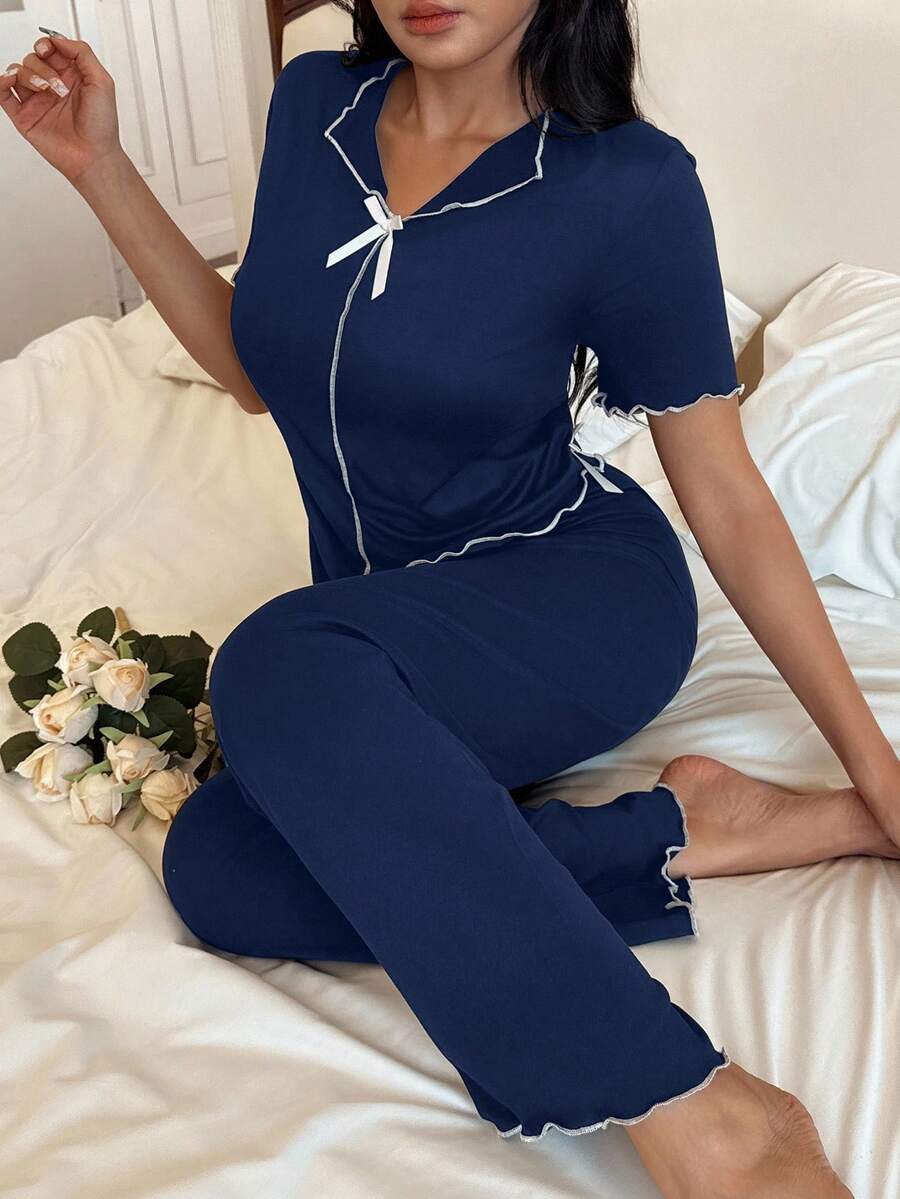 SHEIN Côtesoire 女士 V 领前短后长白色蝴蝶结荷叶边柔软薄牛奶丝短袖裤，休闲舒适家居服 2 件套 - 藍色 - 查看 1