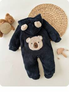新生男婴可爱蓬松海军蓝卡通印花连帽连体衣 - 藏蓝色 - 查看 3