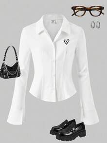 Elladie kids Camisa casual de manga larga con botones y ajuste ceñido con estampado para niña preadolescente