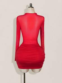 SHEIN ICON 女式纯色网眼拼布透明褶饰长袖迷你连衣裙 - 紅色 - 查看 2