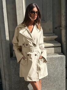 Aloruh 女士优雅翻领腰带卡其色纯色中长款风衣 - 卡其色 - 查看 7