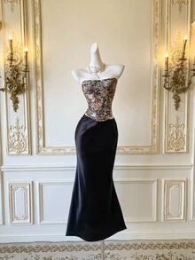 SHEIN MOD Áo hai dây họa tiết hoa lưới thời trang dành cho nữ - màu đen - Xem 3