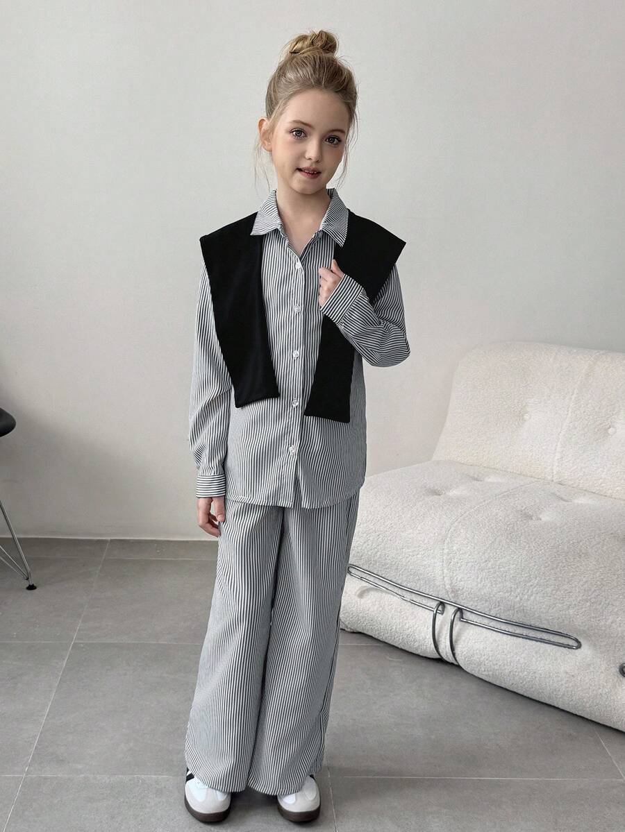 Tween Girls Striped Long Sleeve Shirt And Wide Leg Striped Pants With Shawl 2 Pieces Casual Set - Black - View 1