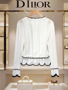 SHEIN Franclia Women's Regular Raglan Sleeve Contrast Trim Decor Round Neck Hollow Button Front White White Cardigan Casual Spring - Black and White - View 2