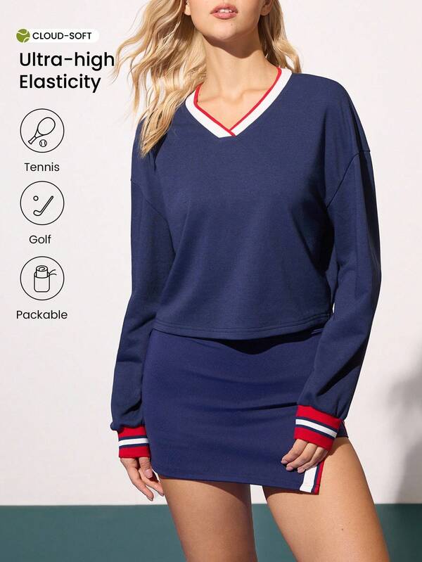 CourtClass Women's Loose Sweatshirt, Colorblock Ribbed V-Neck Long Sleeve Drop Shoulder, Casual Sports Tennis Everyday Wear, Autumn/Winter Athletic Matching Set Tennis Dress Long Sleeve Athletic Skirt Sets Women Tennis Skirt Set
