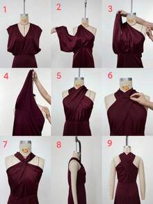 Anewsta 加大码优雅裹身式绿色褶皱腰连衣裙，搭配飘逸裙摆，高端修身休闲/度假/婚礼宾客连衣裙 - 中紫紅色 - 查看 8