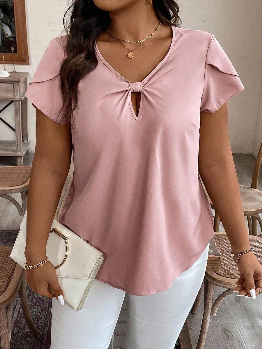 Breezaya Kích thước lớn Màu thuần Vòng cổ Xoắn Nút Giải trí Ngắn tay Áo sơ mi - Hồng - Xem 1