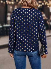 Plus Size Gold Oval Dot Print Roll Sleeve Shirt Fall Cloth For Women - Navy Blue - View 2