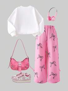 Sparklyn 两件套女童时尚粉色蝴蝶结印花白色圆领长袖上衣搭配粉色蝴蝶结装饰粉色裤子，甜美清爽风格，适合春秋冬季穿着。 - 白色 - 查看 2