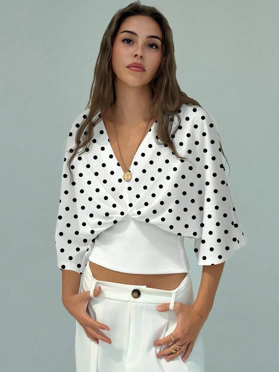 Aloruh New Simple Commuting Versatile Retro Polka Dot Print V-Neck Drop Shoulder Ruched Waist Solid Color Pullover T-Shirt, Polka Dot T-Shirt, Autumn Top - Multicolor - View 1