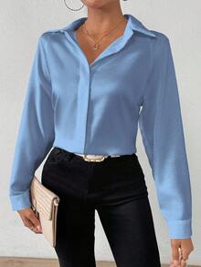 SHEIN PETITE 女式纯色缎面简约不对称下摆衬衫 - 藍色 - 查看 4