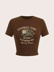 SHEIN EZwear Casual Retro Knight Style Round Neck Short Sleeve Cropped T-Shirt, Fitted For Women, Suitable For Summer Music Festivals - Coffee Brown - View 7