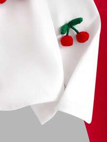 2pcs Baby Girls Outfit Set, White Long Sleeve T-Shirt With 3D Cute Cherry Decor, Tight-Fitting Red Bell-Bottom Pants, Comfortable & Adorable, Suitable For Back To School, Autumn Fall Winter  Christmas Costumes - Red - View 3