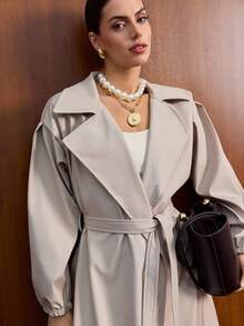 CLARA VERO Trench Coat With Wide Lapel Collar, Long Sleeves With Elastic Cuffs, Waist Tie Belt, Knee-Length, Classic And Stylish Design - Beige - View 1