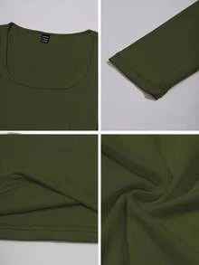 Zavorell Camiseta de manga larga de ajuste ceñido de unicolor casual para mujer - Verde militar - Ver 7