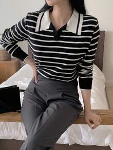 DAZY Women's Casual Loose Polo Neck Long Sleeve Sweater, Autumn - Black - View 5