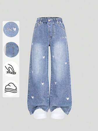SHEIN Denimly New Spring/Summer Women's Loose Fit Light Blue Denim Wide Leg Jeans, Soft Denim Fabric Like Being Wrapped In Clouds, Heart Embroidery Detail, Elastic Waist Design For Comfort, Suitable For Campus, Street, Dates, Outdoor Activities, And Everyday Wear Fall Winter