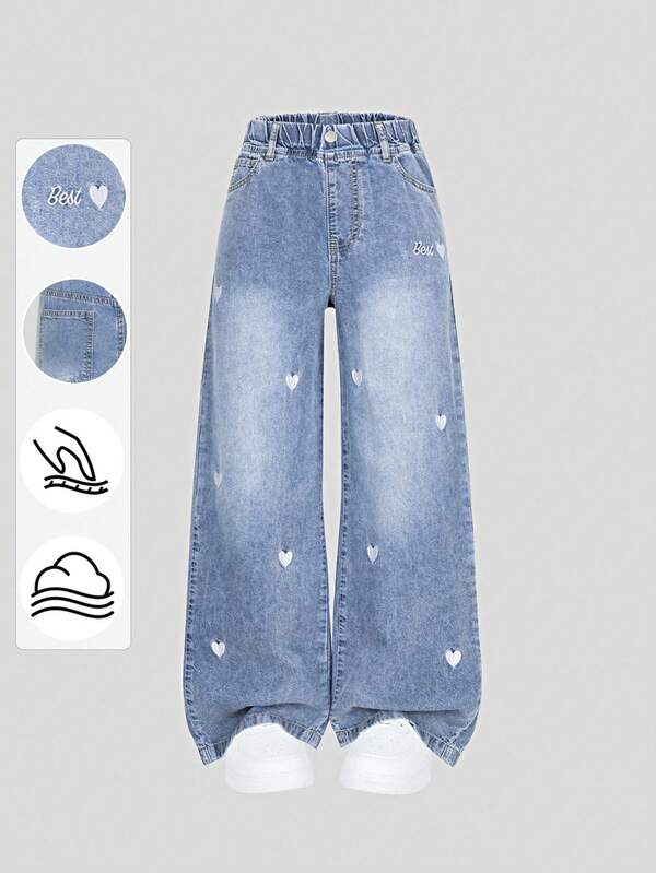 Denimly New Spring/Summer Women's Loose Fit Light Blue Denim Wide Leg Jeans, Soft Denim Fabric Like Being Wrapped In Clouds, Heart Embroidery Detail, Elastic Waist Design For Comfort, Suitable For Campus, Street, Dates, Outdoor Activities, And Everyday Wear Fall Winter