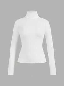 SHEIN EZwear Bộ 3 áo thun ôm sát cổ cao tay dài màu đen, kaki, trắng dành cho nữ, phù hợp cho mùa thu/đông - Nhiều màu - Xem 5