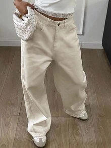 Livesso 纯色宽松哈伦长款牛仔裤，女士牛仔裤 - 杏色 - 查看 5