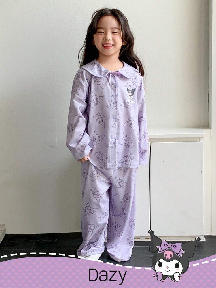 DAZY HELLO KITTY AND FRIENDS | SHEIN 年轻女孩卡通图案蝴蝶结装饰长袖上衣和宽松裤子睡衣套装，适合春秋季 - 紫色 - 查看 4