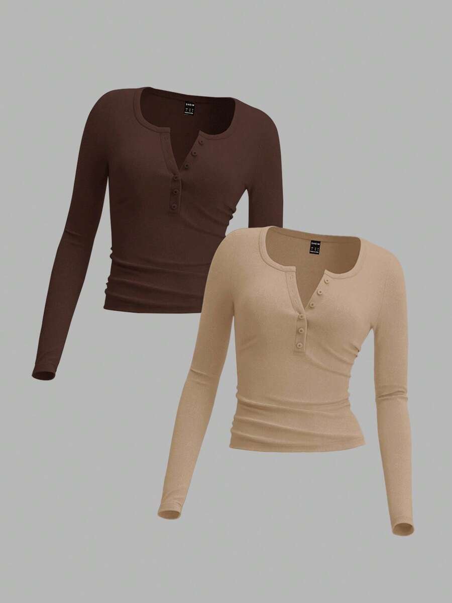 SHEIN EZwear 2 件棕色和卡其色针织部分拉链长袖 T 恤，适合秋冬季 - 彩色 - 查看 1