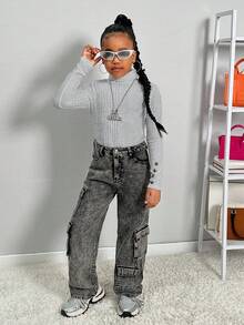 SHEIN SLAYR Tween Girl Tween Girls Brand Promotion - High Neck Ribbed Long Sleeve Knit Top With Buttons 3 Pice Fall Winter - Light Grey - View 4