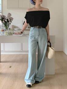 DAZY 女式褶饰单肩纯色休闲短袖 T 恤，露肩上衣