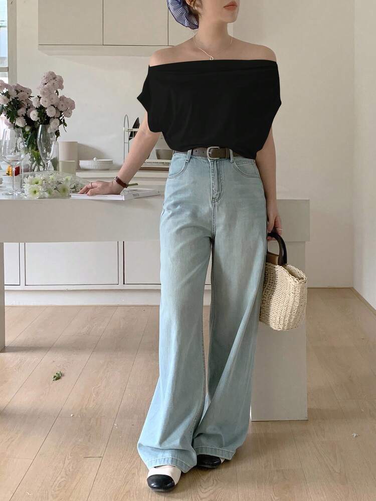 Women Ruched One Shoulder Solid Color Casual Short Sleeve T-Shirt,Off Shoulder Top