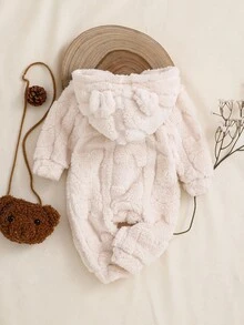 SHEIN 男婴休闲双面卡通耳朵连帽长袖连体衣，前拉链设计，罗纹袖口和下摆，秋冬季 - 杏色 - 查看 2