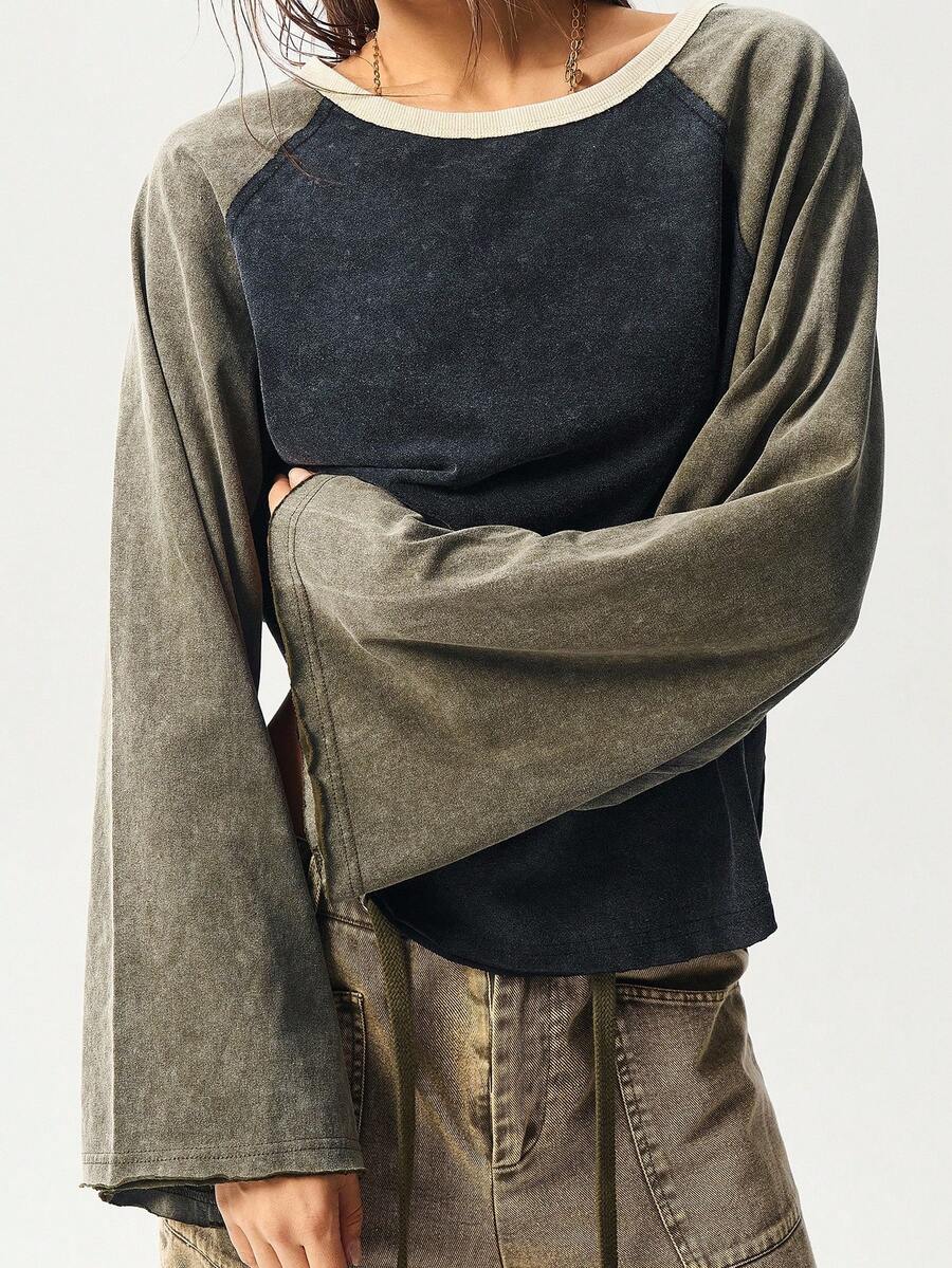 Bohemela Áo thun nữ tay dài dệt kim chắp vá Raglan rộng rãi, giặt thoải mái - Nhiều màu - Xem 1