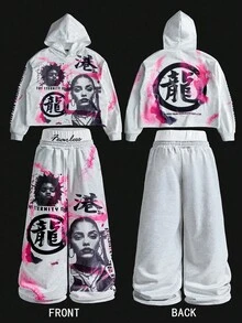 Manfinity EMRG 男士保暖内衬街头风流行INS风复古人像街头图案户外音乐节夜店男友老公周年纪念礼物二合一腰部运动裤和连帽卫衣套装，浅灰色，图案服装，Y2K风格服装，短款连帽衫，图案运动裤，印花运动套装，配套套装，秋冬 - 彩色 - 查看 1