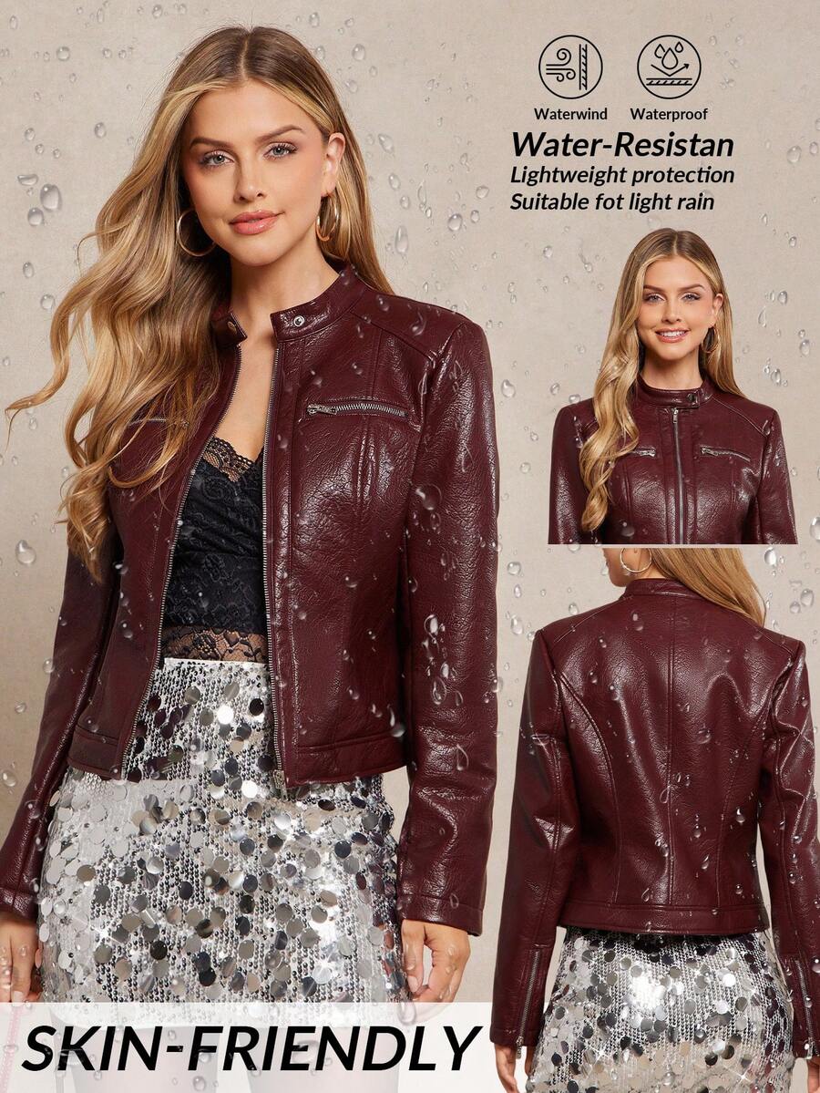 Amorya 女士优雅勃艮第色 PU 拼色夹克，适合日常穿着和多种场合，秋季 - 酒紅色 - 查看 1