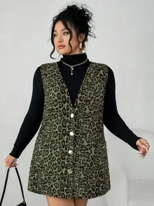 Elenzga Plus Size Women V-Neck Sleeveless Leopard Print Dress, Autumn/Winter - Olive Green - View 6