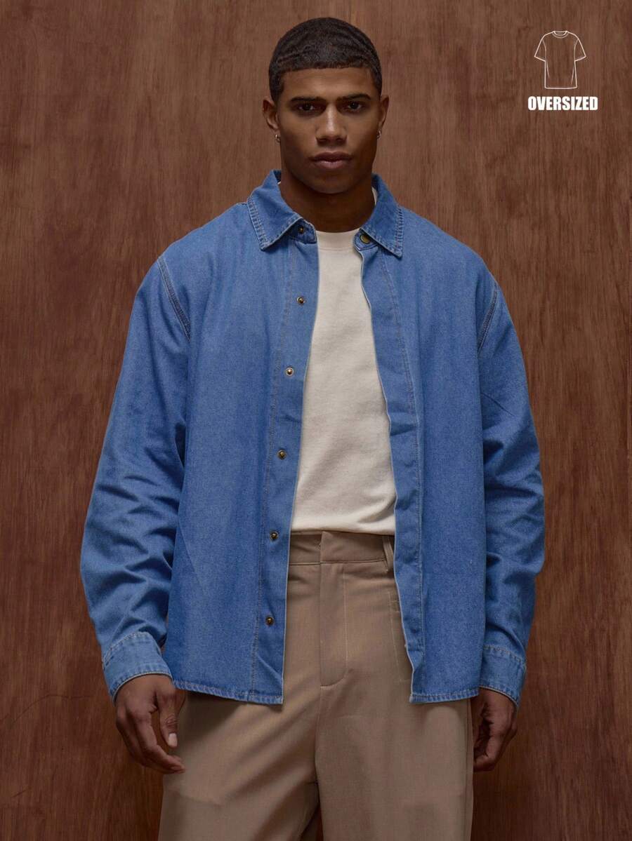 Musero Men Oversized Long Sleeve Button Through Denim Shirt , Fall/Spring Summer - Blue - View 1