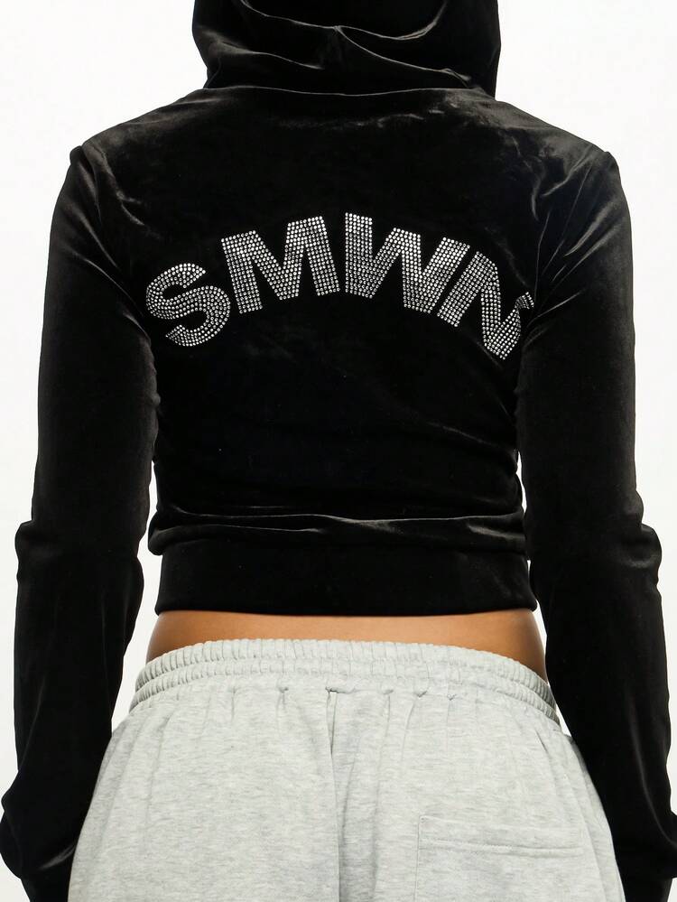 SUMWON WOMEN Rhinestone Logo Zip Through Velour Hoodie