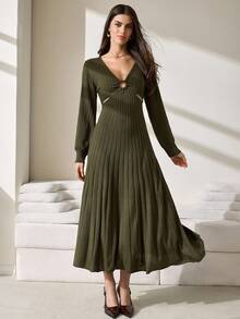 CLARA VERO Casual Deep V Neck Pleated Cut Out Sides Maxi Knitted Dress For Fall Winter Women Outfits - Army Green - View 1